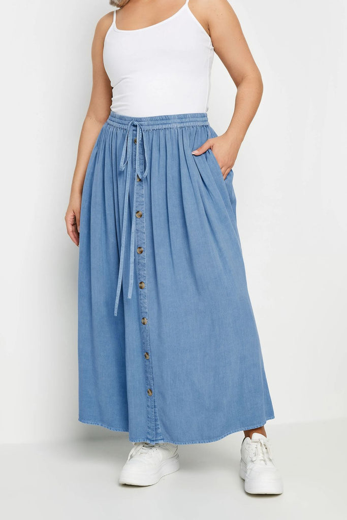 woman wearing Denim Button Down Skirt-1