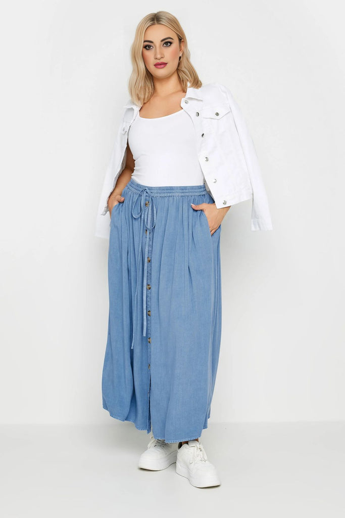 woman wearing Denim Button Down Skirt-2