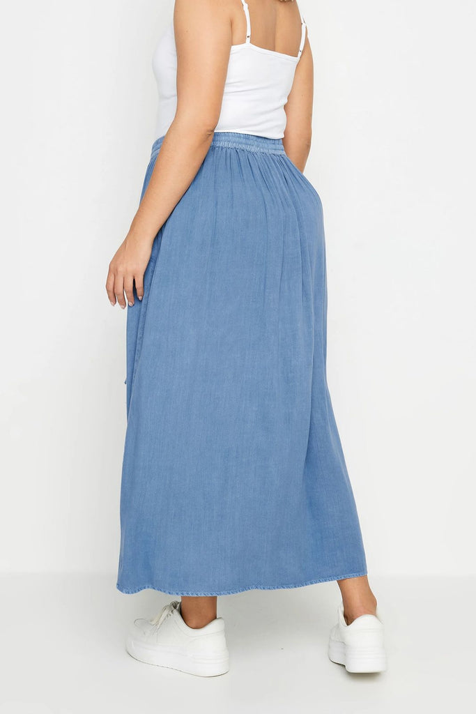 Woman wearing Denim Button Down Skirt-3