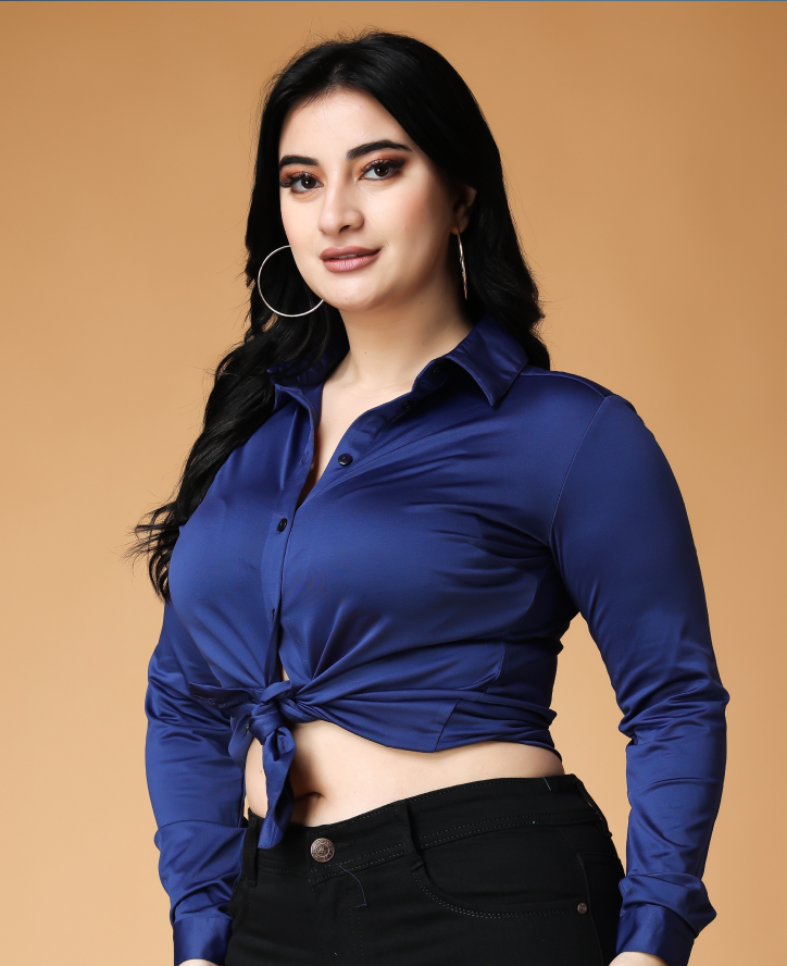 Model wearing blue shirt with front tie