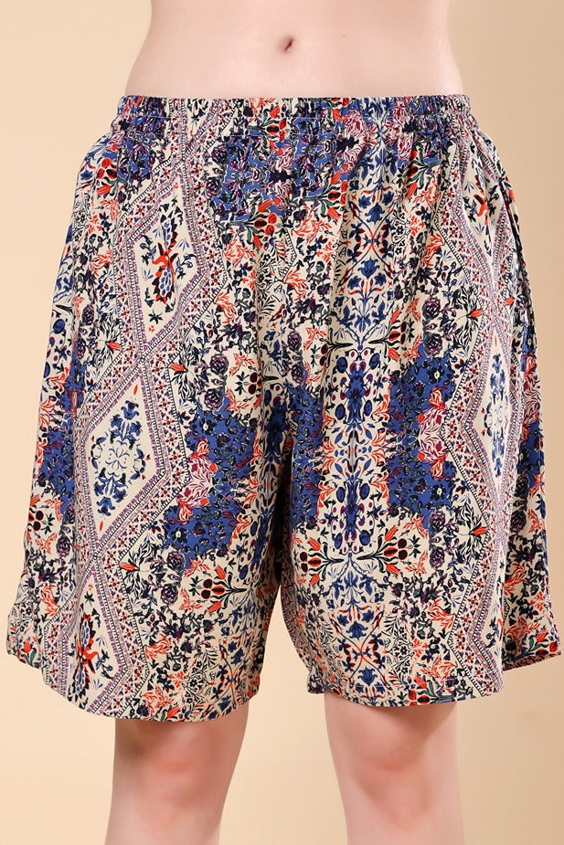 Model wearing Rayon Shorts with Pattern type: Motif-1