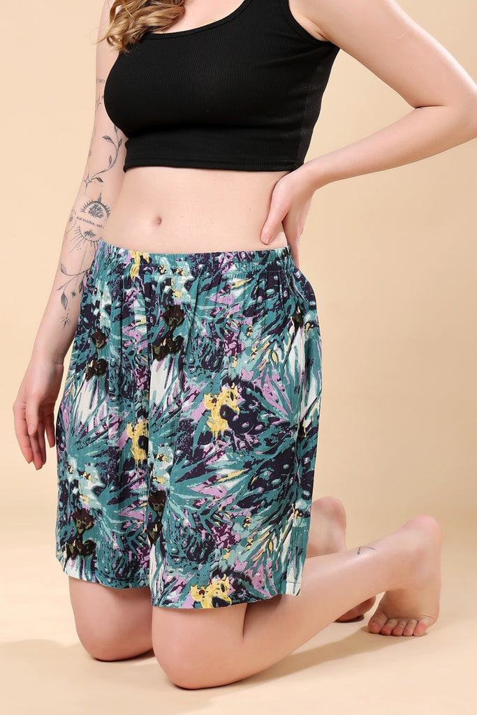 Model wearing Viscose Crepe Shorts with Pattern type: Leaves-4
