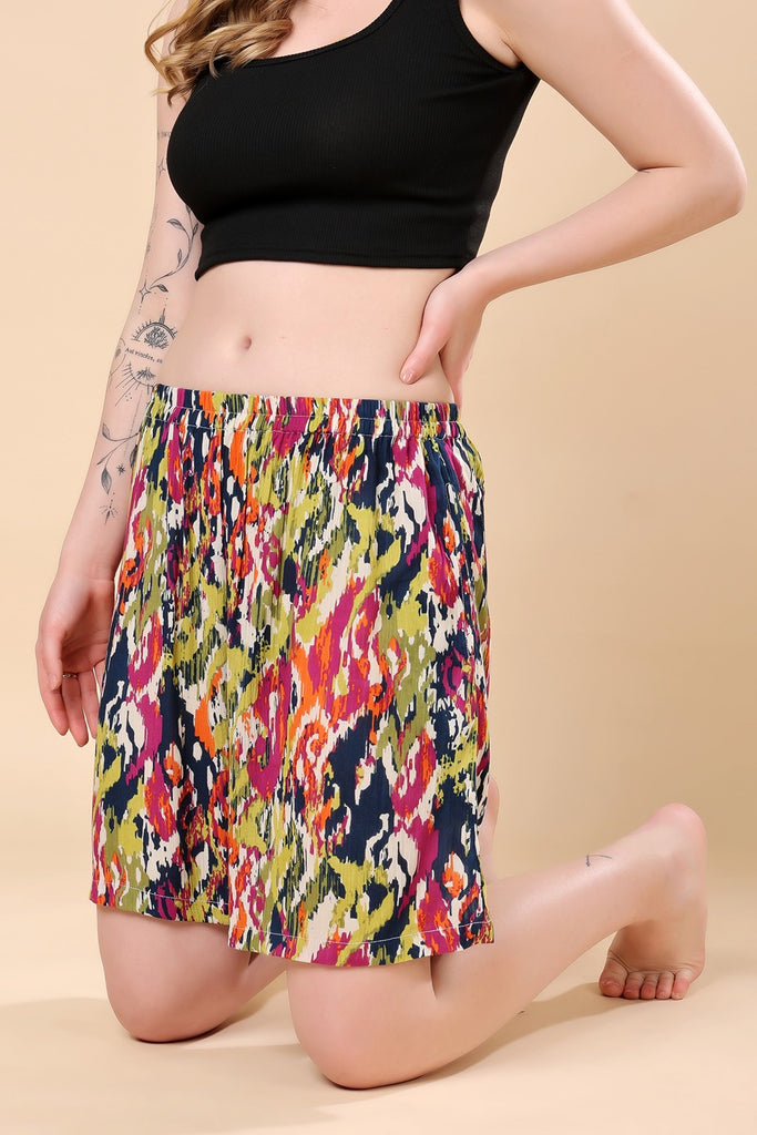 Model wearing Viscose Crepe Shorts with Pattern type: Abstract-4