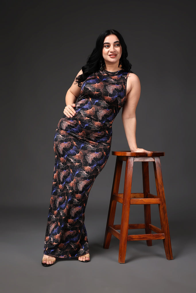 Model wearing Polyester Elastane Maxi Dress with Pattern type: Jungle-7