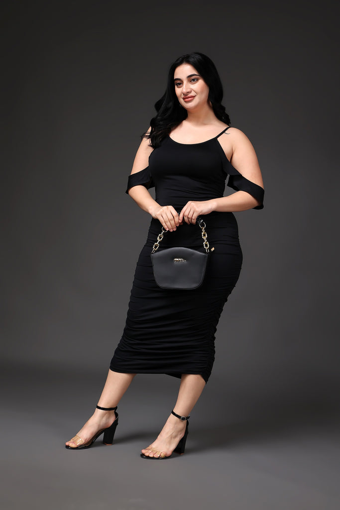 Model wearing Polyester Elastane Maxi Dress  with Pattern type: Solid-6