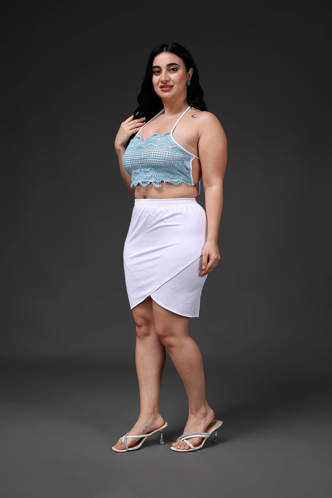 Model wearing Poly Blended Crop Top with Pattern type: Solid-2