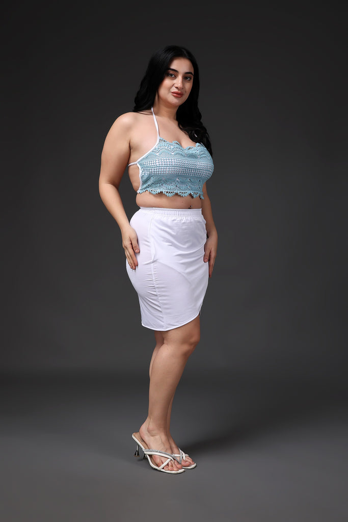 Model wearing Poly Blended Crop Top with Pattern type: Solid-3