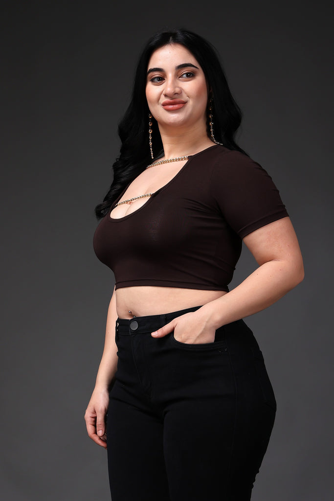 Model wearing Supima Cotton Lycra Crop Top with Pattern type: Solid-3