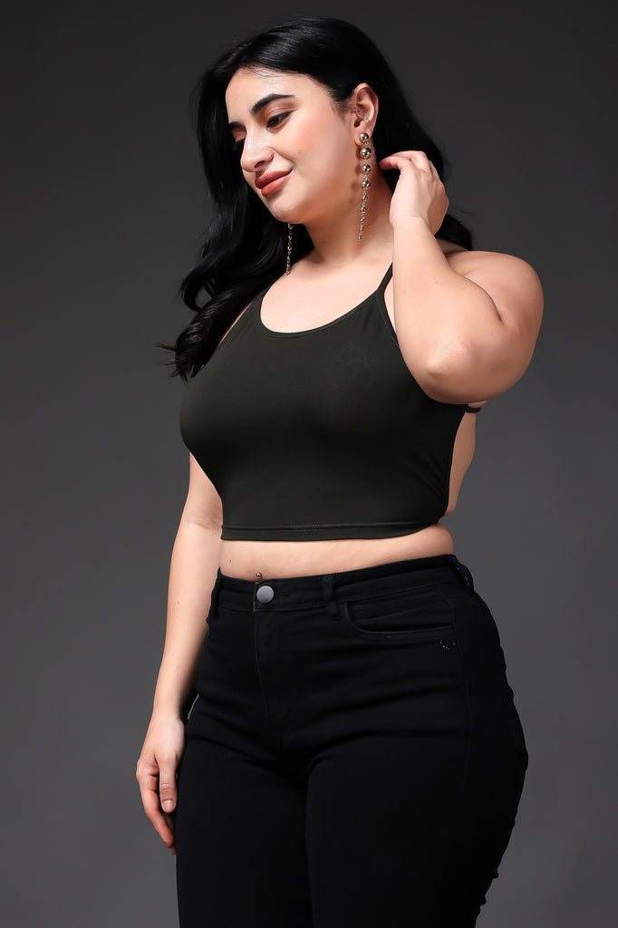 Model wearing Supima Cotton Lycra Crop Top with Pattern type: Solid -3