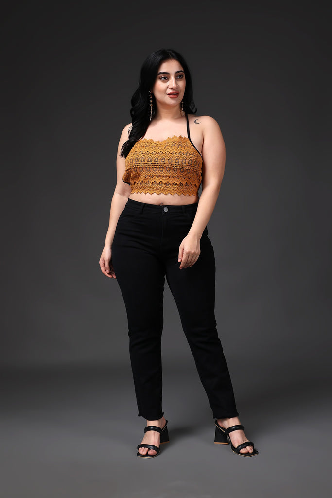 Model wearing Poly Blended Crop Top with Pattern type: Solid-7