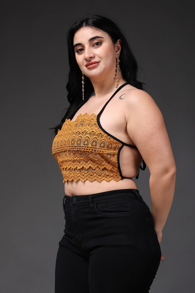 Model wearing Poly Blended Crop Top with Pattern type: Solid-9