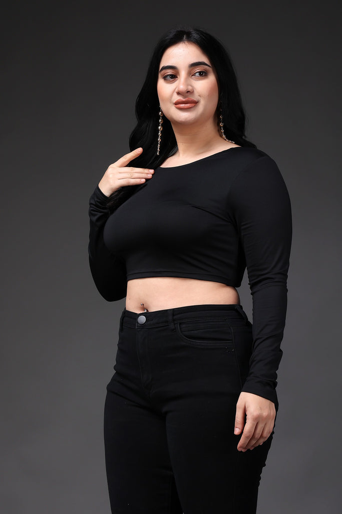 Model wearing Poly Lycra Crop Top with Pattern type: Solid-3
