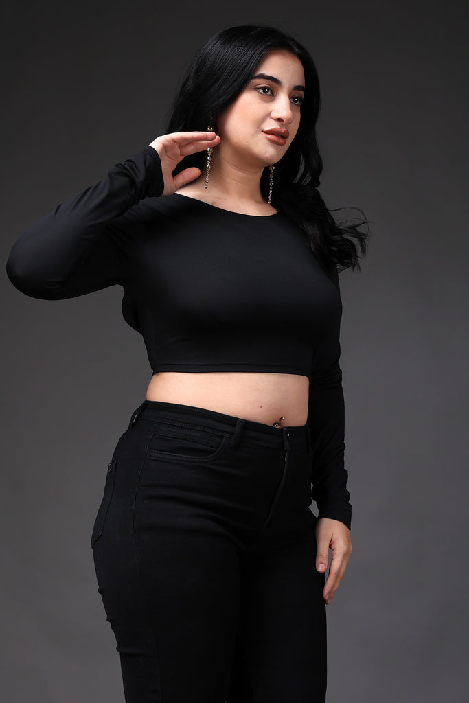 Model wearing Poly Lycra Crop Top with Pattern type: Solid-4