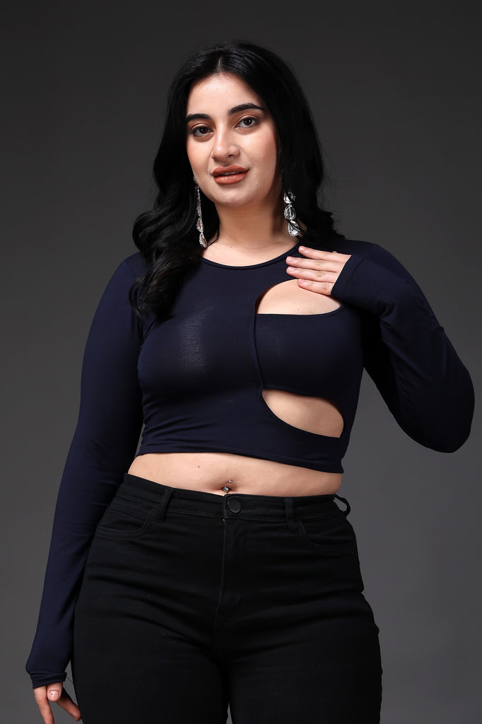 Model wearing Supima Cotton Lycra Crop Top with Pattern type: Solid -2