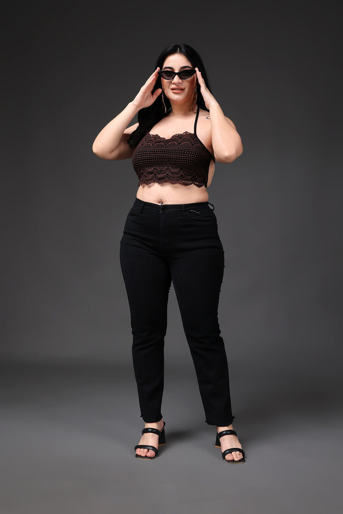 Model wearing Poly Blended Crop Top with Pattern type: Solid-20