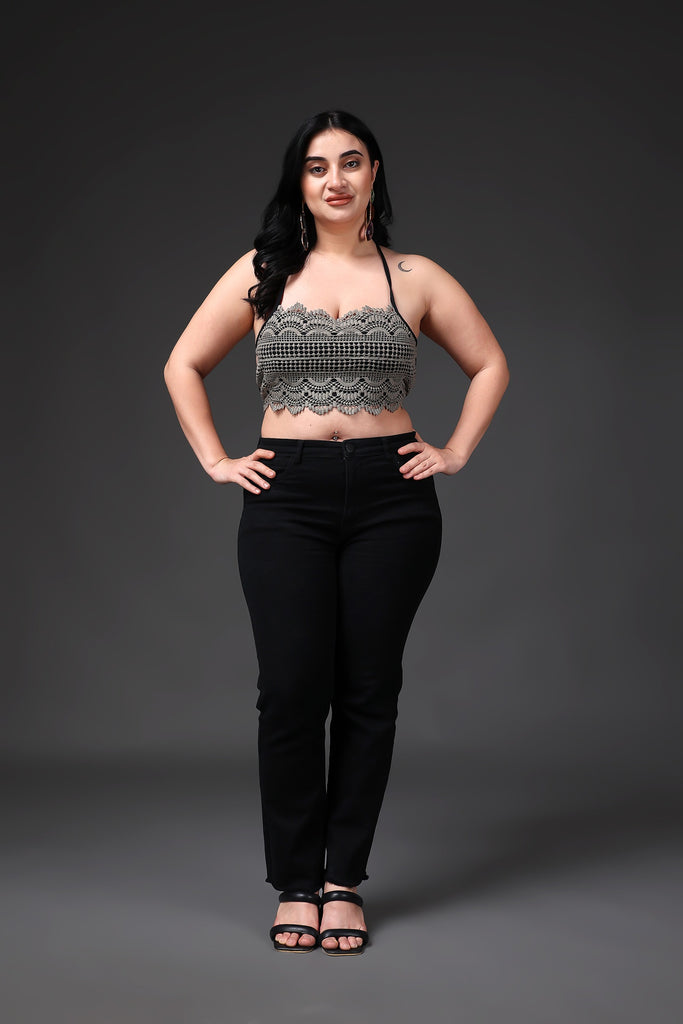 Model wearing Poly Blended Crop Top with Pattern type: Solid-21