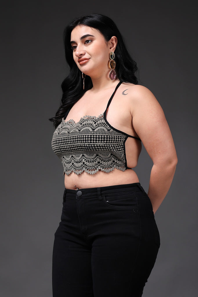 Model wearing Poly Blended Crop Top with Pattern type: Solid-23