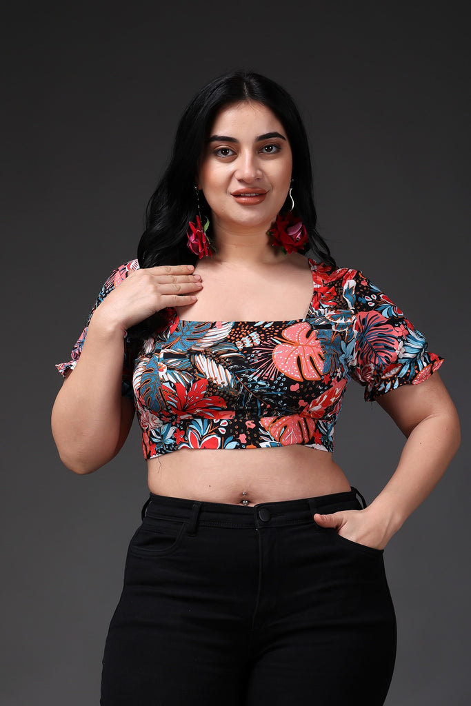 Model wearing Rayon Crop Top with Pattern type: Leaf-2