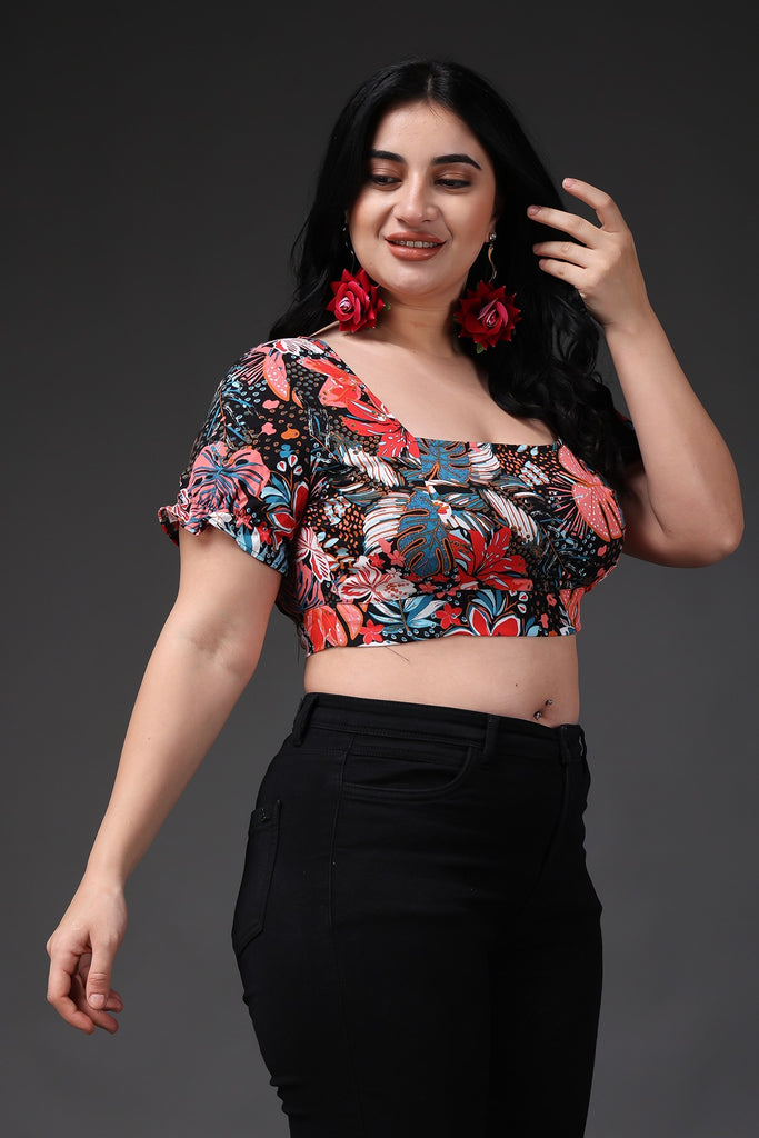 Model wearing Rayon Crop Top with Pattern type: Leaf-4