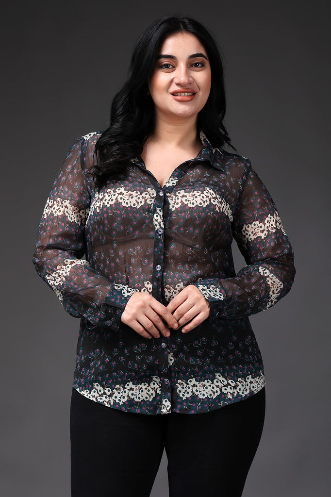 Model wearing Polyster Chiffon Shirt with Pattern type: Floral-2