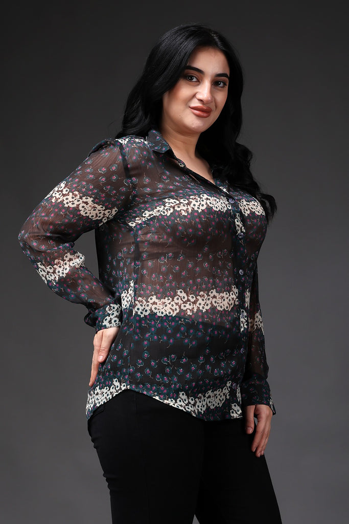 Model wearing Polyster Chiffon Shirt with Pattern type: Floral-4