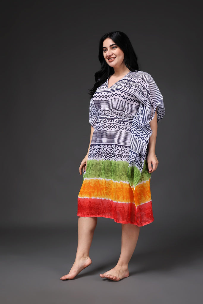 Model wearing Polyster Georgette Kaftan with Pattern type: Geometric-2