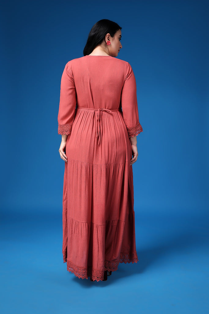 Model wearing Viscose Crepe Maxi Dress with Pattern type: Solid-4