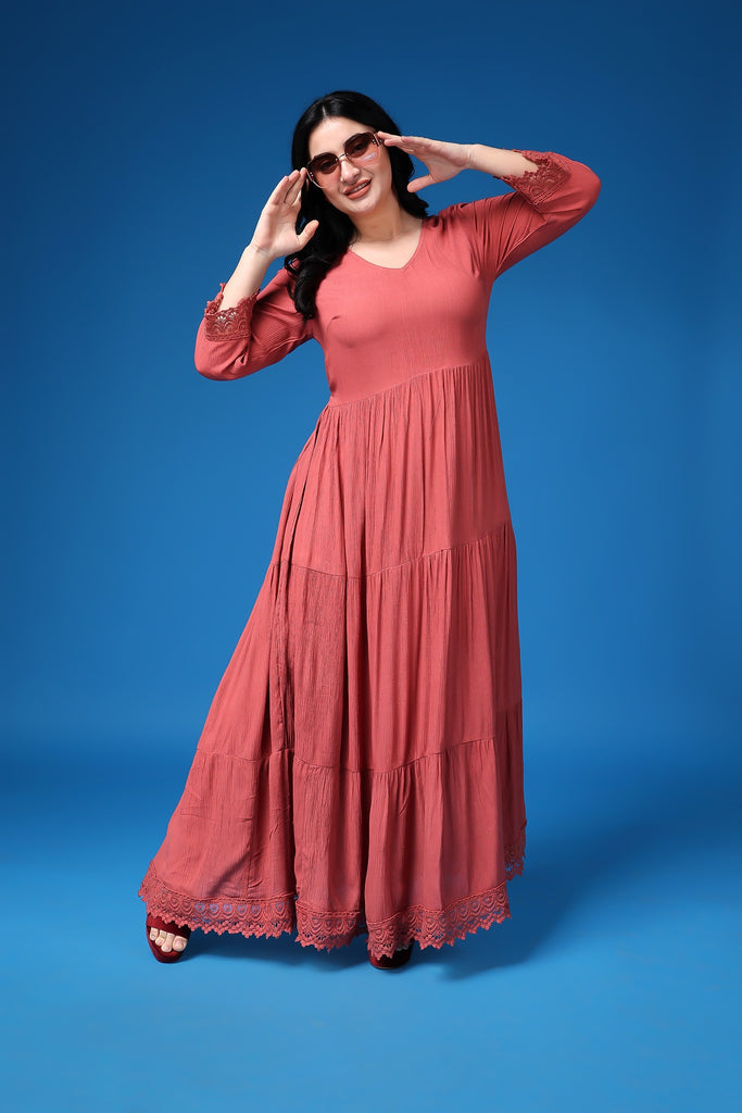 Model wearing Viscose Crepe Maxi Dress with Pattern type: Solid-6