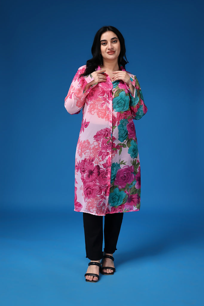 Model wearing Polyster Georgette Tunic with Pattern type: Floral-1