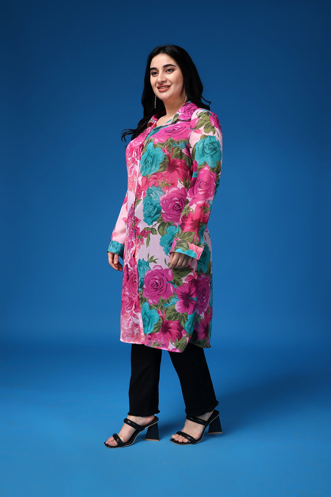 Model wearing Polyster Georgette Tunic with Pattern type: Floral-2
