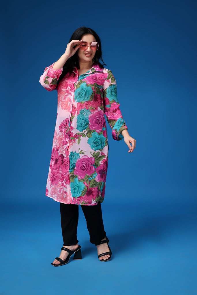 Model wearing Polyster Georgette Tunic with Pattern type: Floral-5