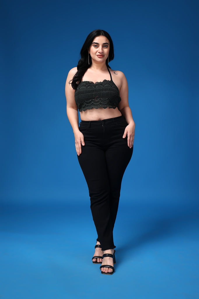Model wearing Poly Blended Crop Top with Pattern type: Solid-28