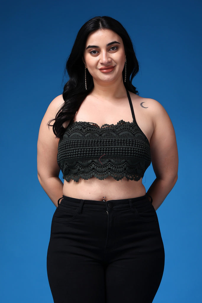 Model wearing Poly Blended Crop Top with Pattern type: Solid-29