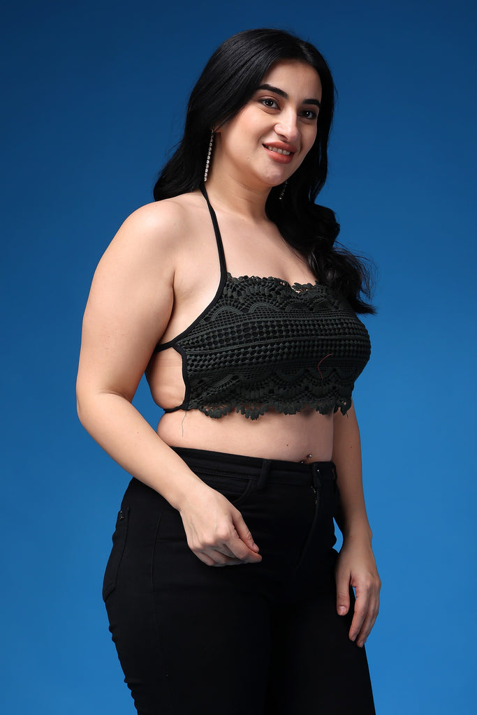 Model wearing Poly Blended Crop Top with Pattern type: Solid-31