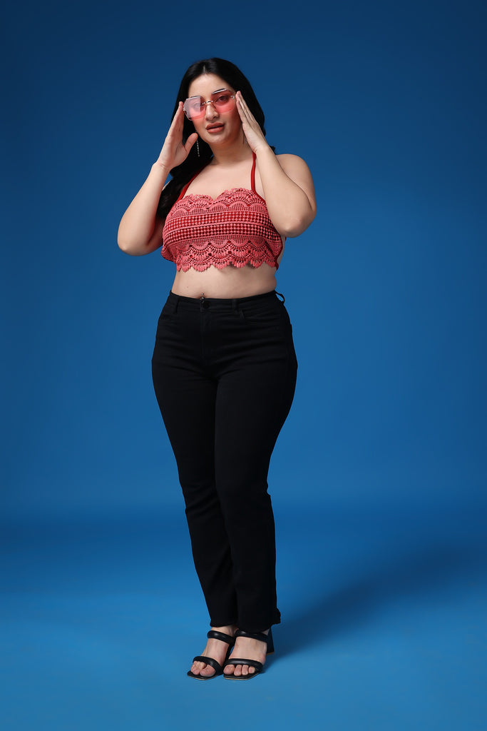 Model wearing Poly Blended Crop Top with Pattern type: Solid-41