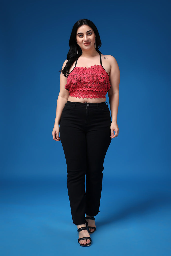 Model wearing Poly Blended Crop Top with Pattern type: Solid-42