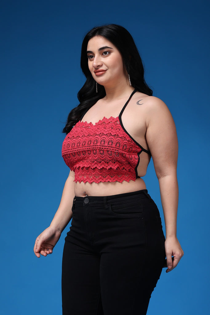 Model wearing Poly Blended Crop Top with Pattern type: Solid-44