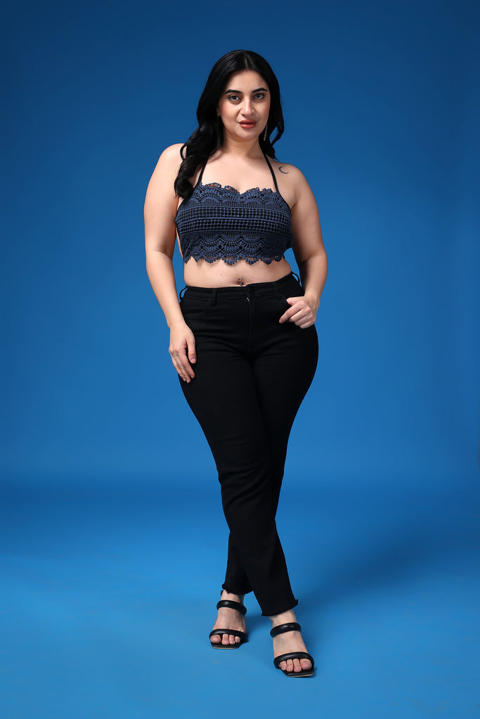 Model wearing Poly Blended Crop Top with Pattern type: Solid-56