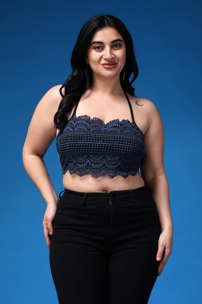 Model wearing Poly Blended Crop Top with Pattern type: Solid-57