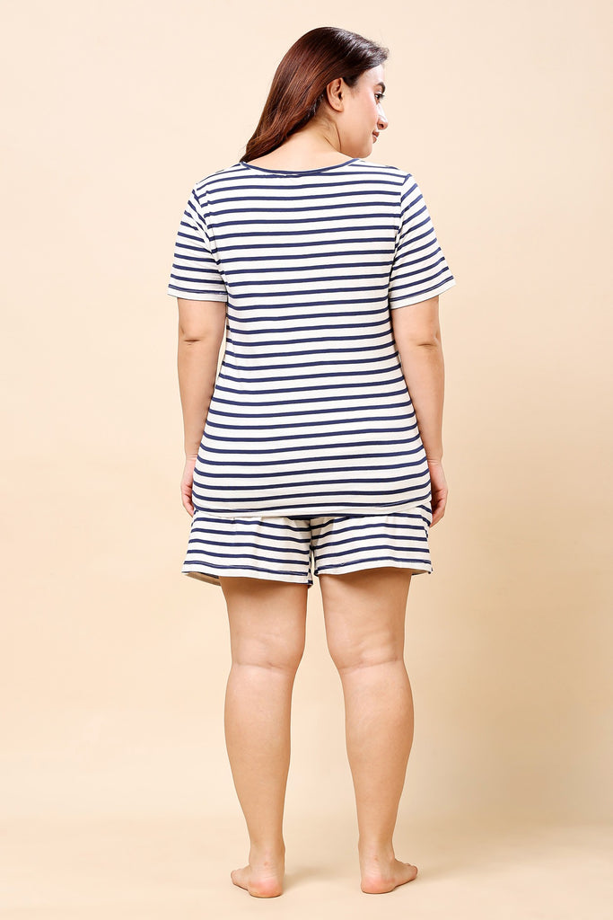 Model wearing Viscose Lycra Night Suit Set with Pattern type: Striped-3