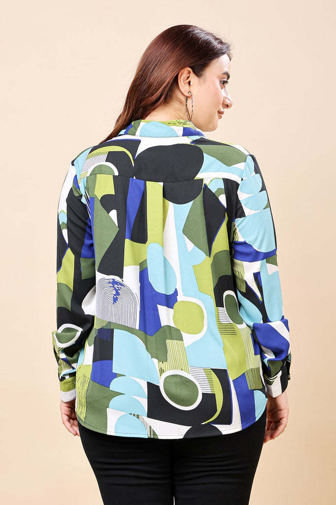 Model wearing Poly Crepe Shirt with Pattern type: Abstract-3