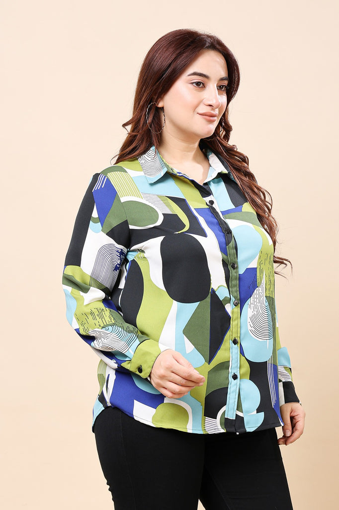 Model wearing Poly Crepe Shirt with Pattern type: Abstract-6