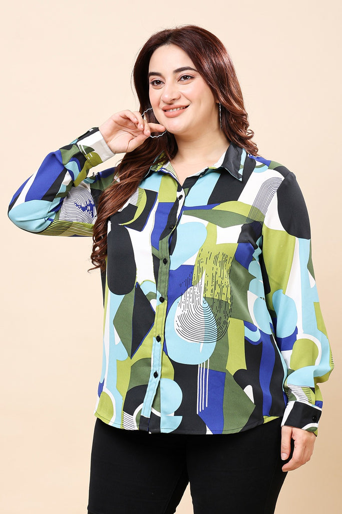 Model wearing Poly Crepe Shirt with Pattern type: Abstract-7