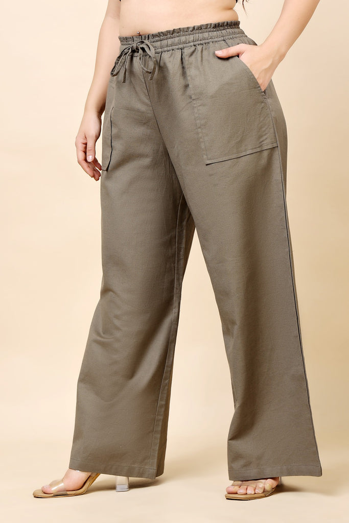 Model wearing Linen Pants with Pattern type: Solid-2