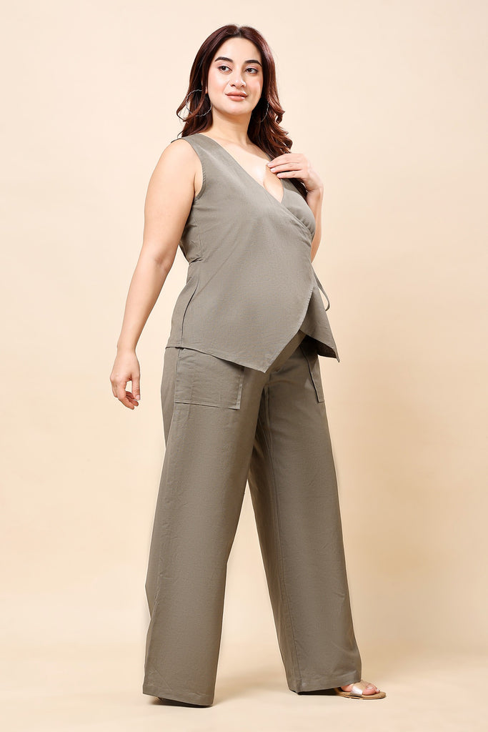 Model wearing Linen Top with Pattern type: Solid-3