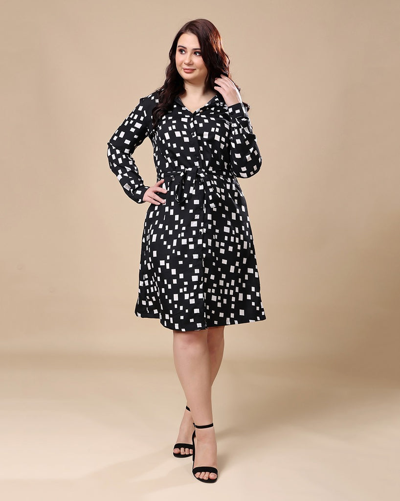 Model wearing Poly Crepe Midi Dress with Pattern type: Geometric-1