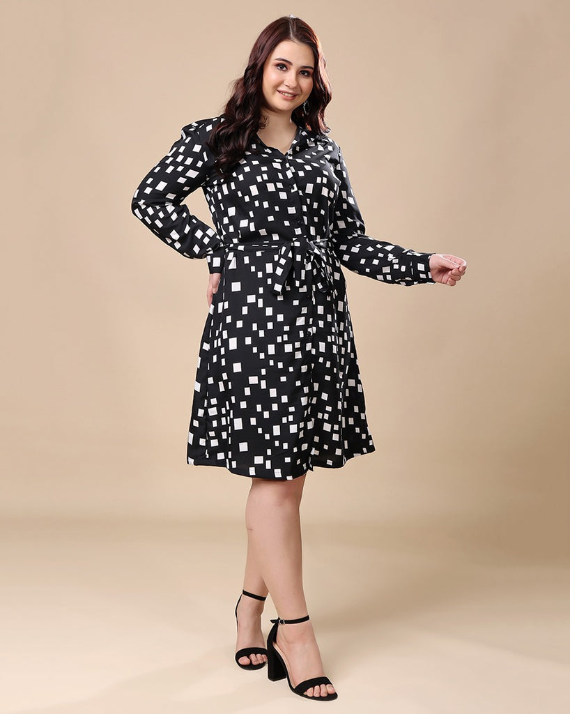 Model wearing Poly Crepe Midi Dress with Pattern type: Geometric-2