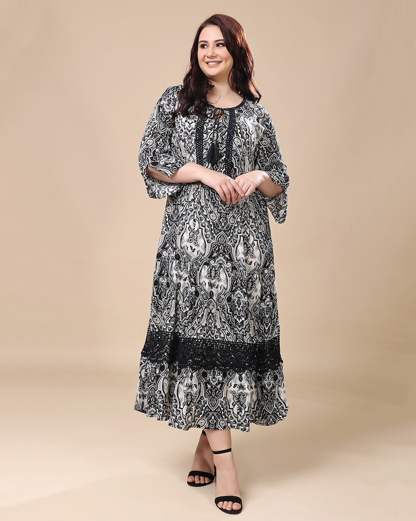 Model wearing Viscose Crepe Maxi Dress with Pattern type: Motif-3