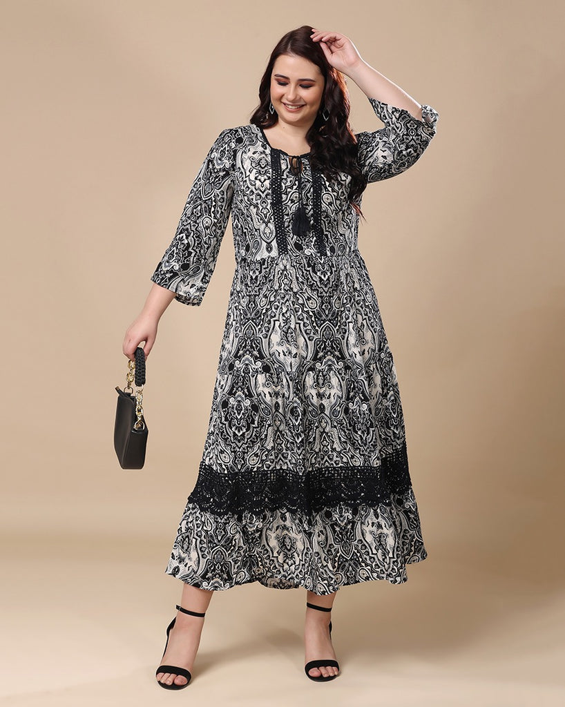 Model wearing Viscose Crepe Maxi Dress with Pattern type: Motif-6