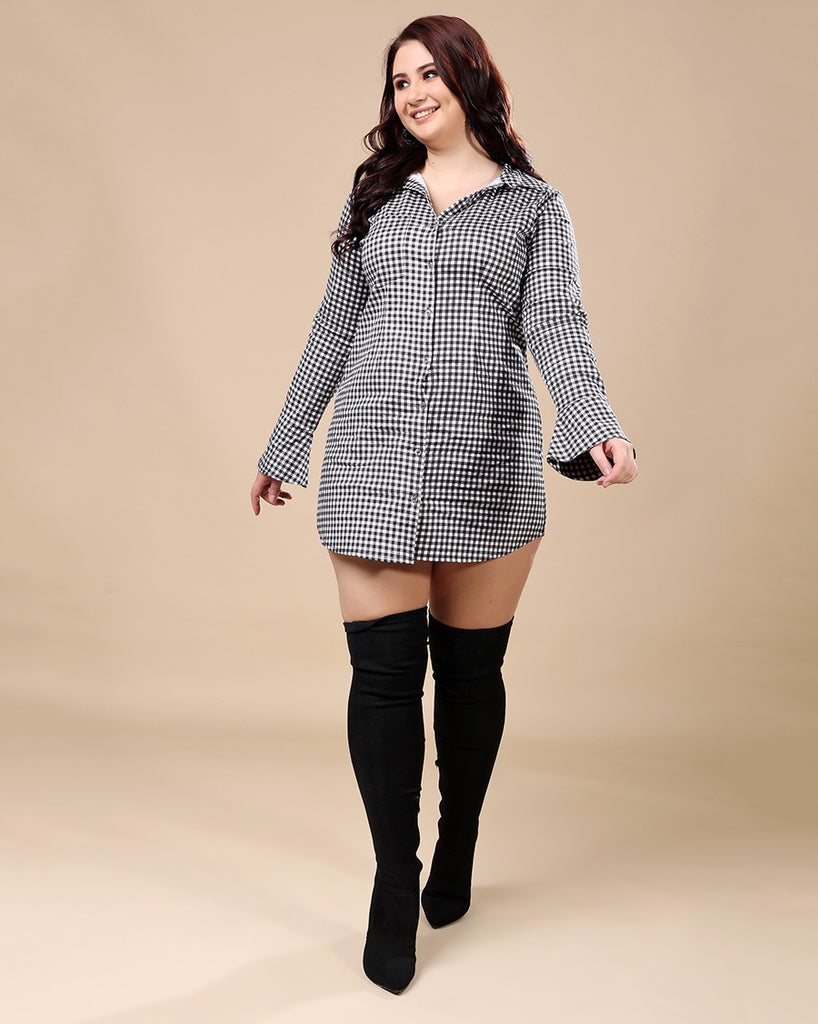 Model wearing Cotton Poplin Mini Dress with Pattern type: Checked-1